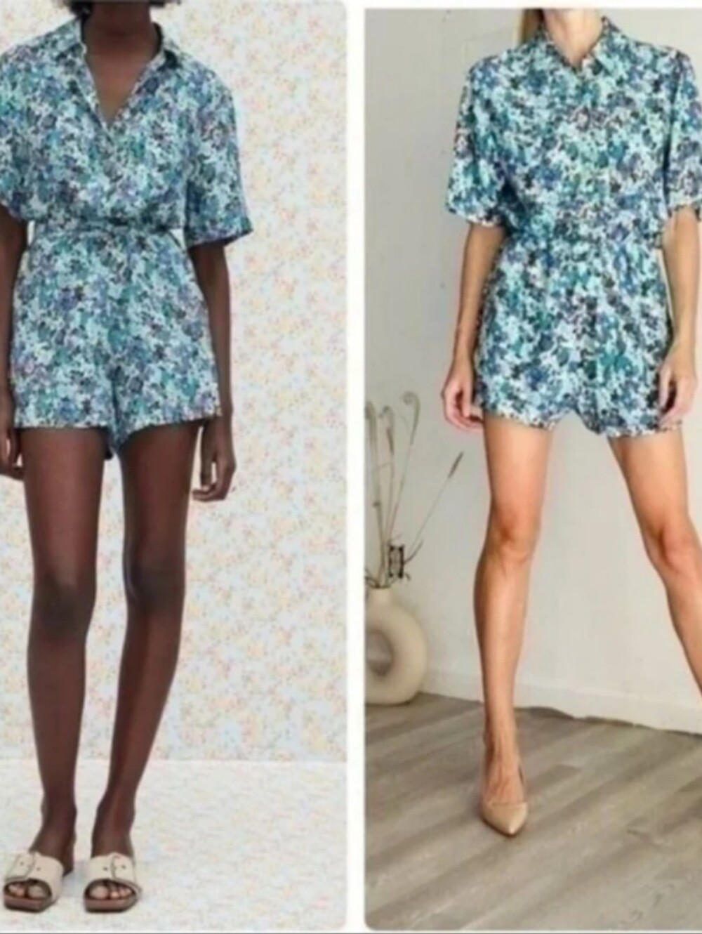 ZARA Blue Floral Print Romper Jumpsuit Collared Bloggers Fav Womens Size XL